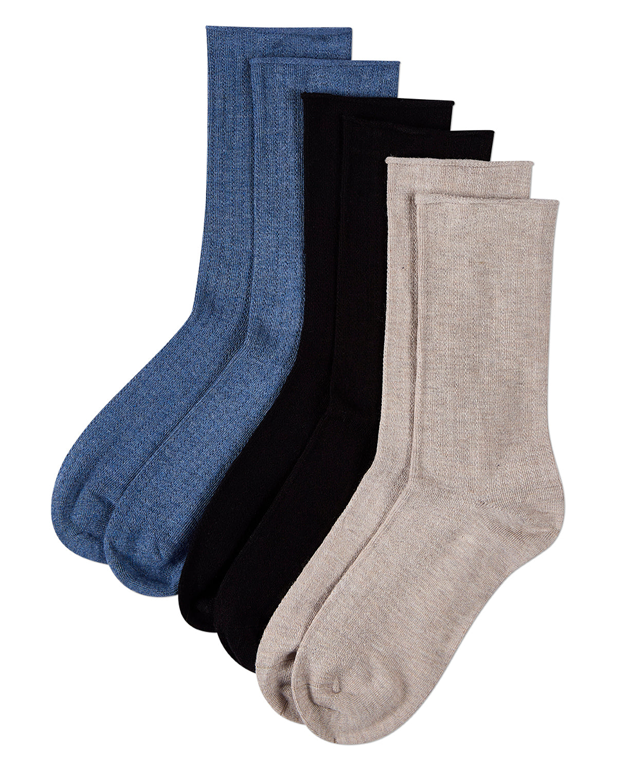 3 Pair Women's Silky-Soft Roll-Top Crew Socks : Color: Denim Heather Multi