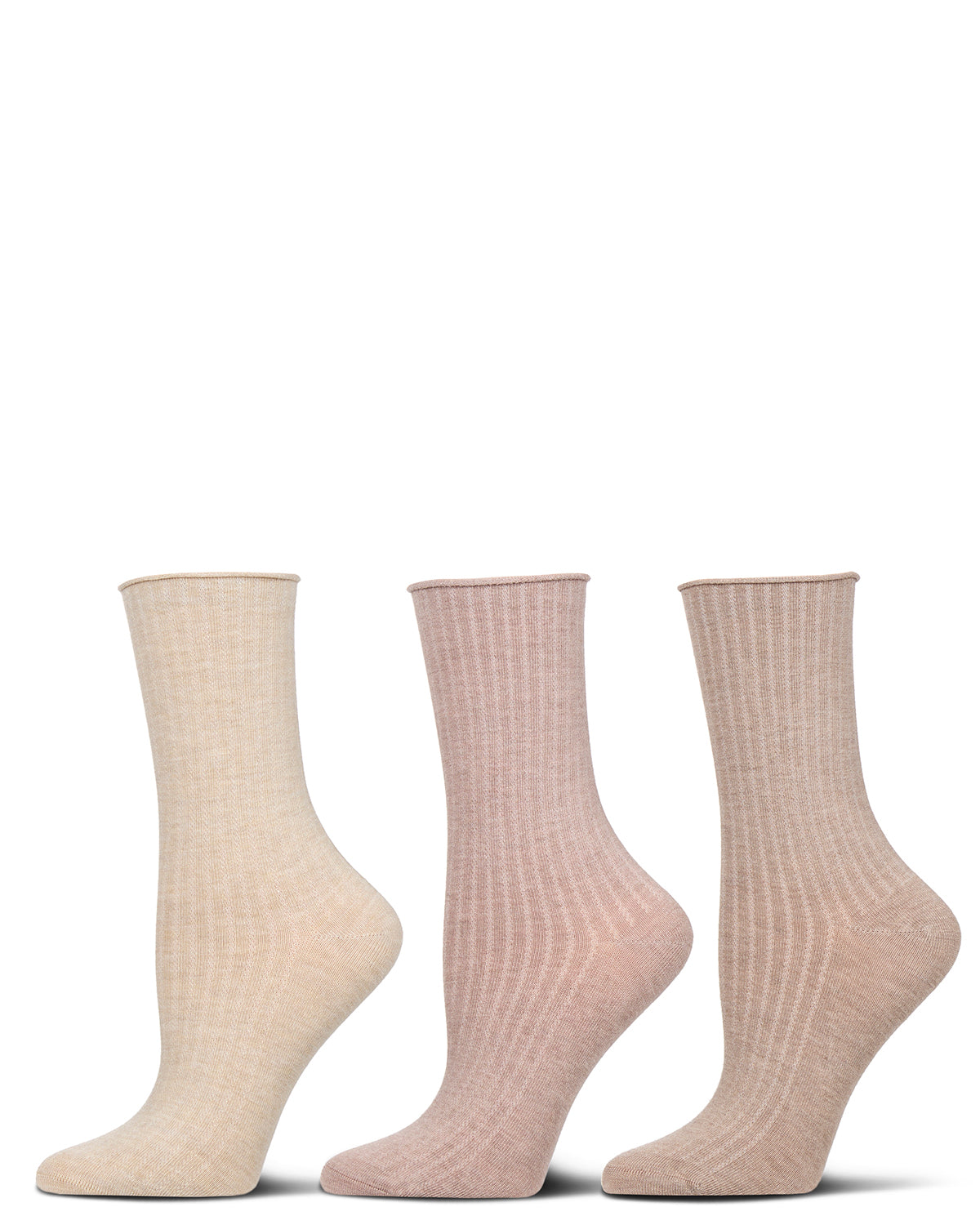 3 Pair Women's Silky-Soft Roll-Top Crew Socks : Color: Ivory Heather Multi