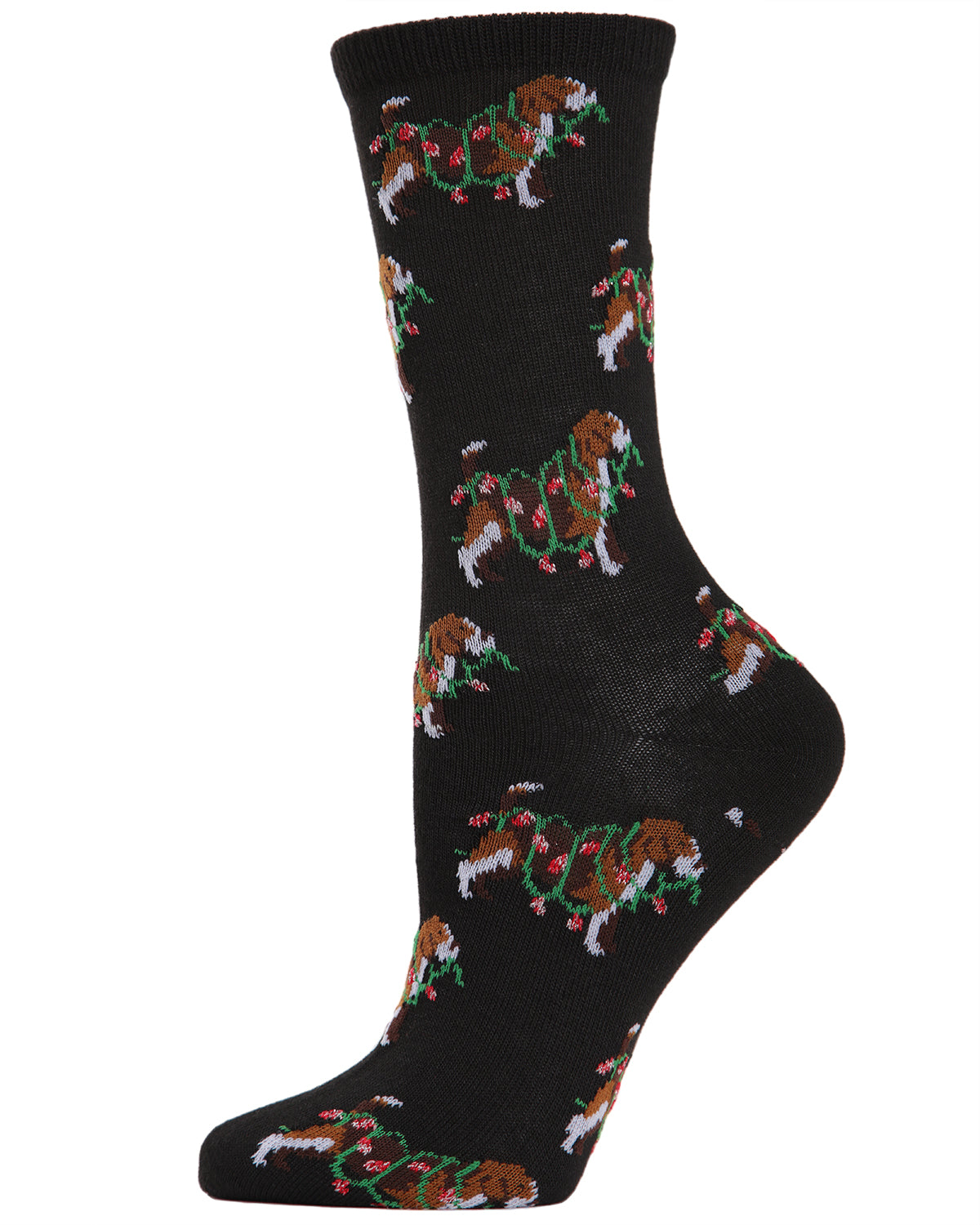 Women's "Dog with Christmas Lights" Novelty Crew Socks : Color: Black