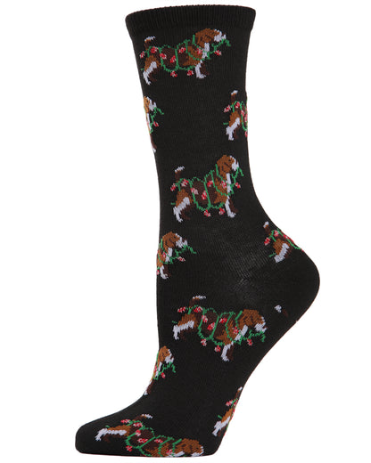 Women's "Dog with Christmas Lights" Novelty Crew Socks : Color: Black