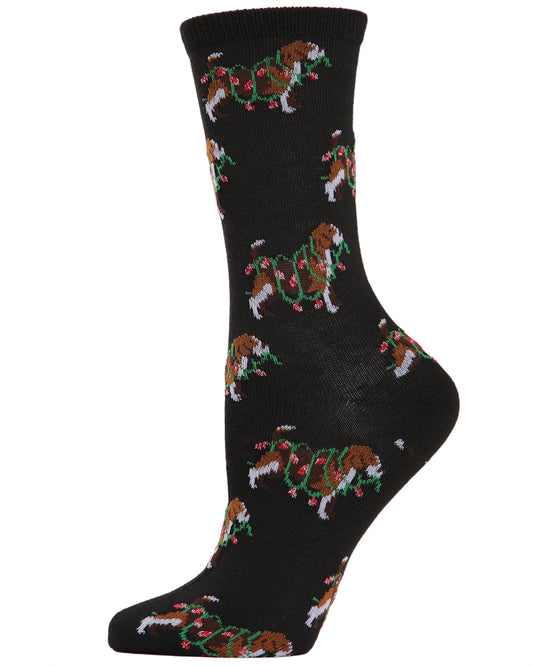 Women's "Dog with Christmas Lights" Novelty Crew Socks : Color: Black