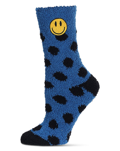 Women's Polka Dot Smiley Face Embroidery Cozy Crew Socks : Color: Blue
