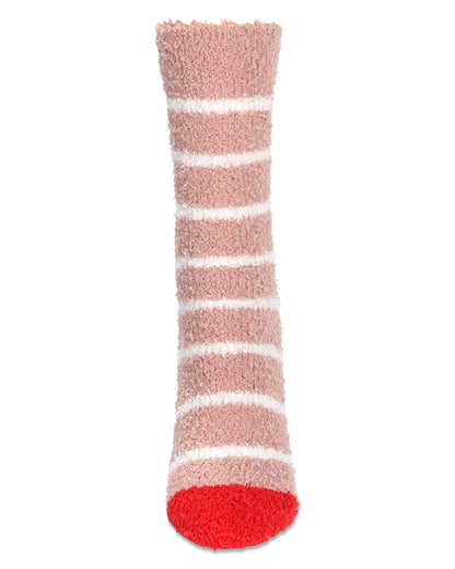 Women's Striped Mushroom Embroidery Cozy Crew Socks : Color: Blush