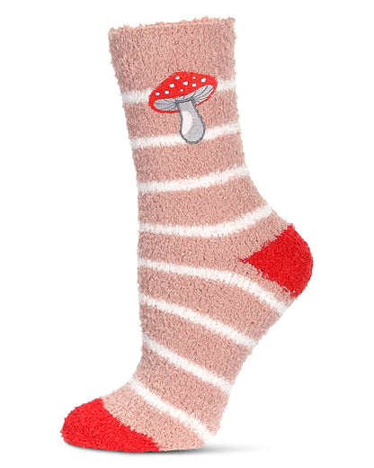 Women's Striped Mushroom Embroidery Cozy Crew Socks : Color: Blush
