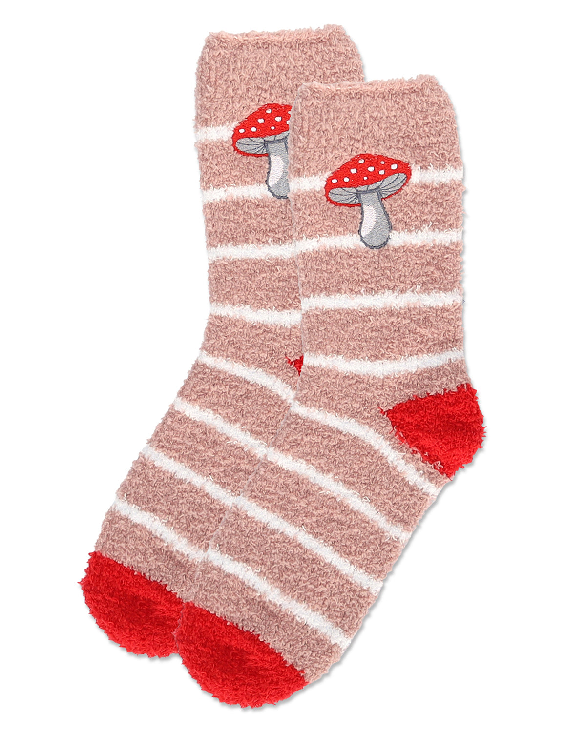 Women's Striped Mushroom Embroidery Cozy Crew Socks : Color: Blush