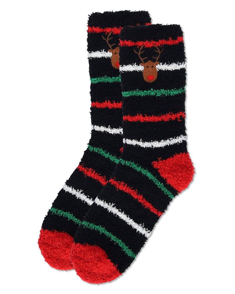 Women's Striped Reindeer Embroidery Cozy Crew Socks