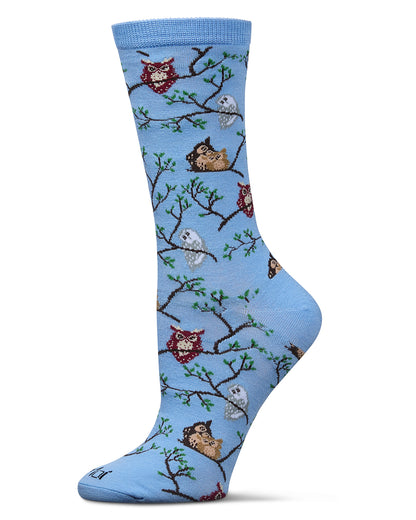 Women's Owls Bamboo Crew Socks : Color: Light Blue