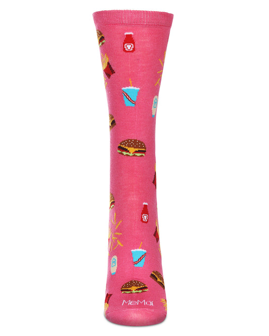 Women's Burger & Fries Rayon From Bamboo Crew Socks : Color: Pink Carnation