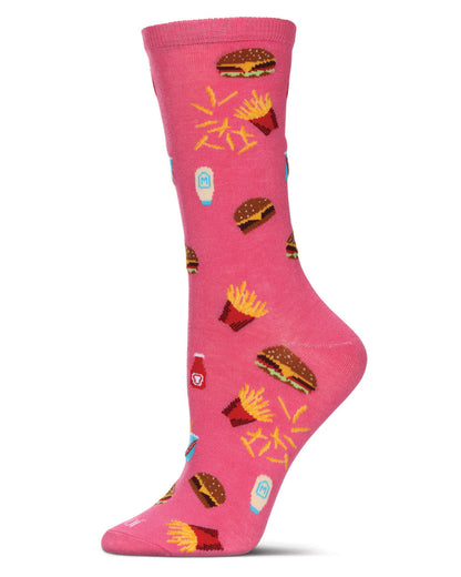 Women's Burger & Fries Rayon From Bamboo Crew Socks : Color: Pink Carnation