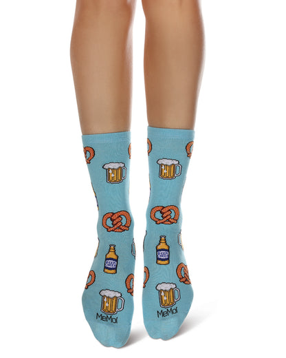 Women's Pretzels & Beer Bamboo Crew Socks : Color: Blue Topaz