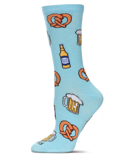 Women's Pretzels & Beer Bamboo Crew Socks : Color: Blue Topaz