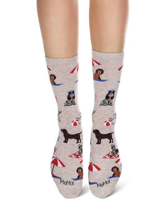 Women's Dogs On Beach Bamboo Crew Socks : Color: Ivory Heather
