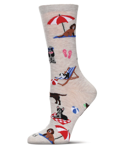 Women's Dogs On Beach Bamboo Crew Socks : Color: Ivory Heather