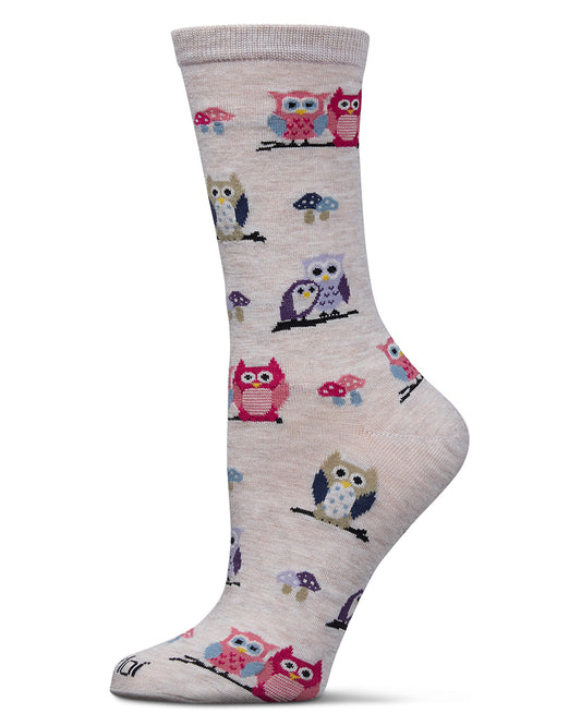 Women's It's Owl Good Rayon From Bamboo Crew Socks : Color: Ivory Heather