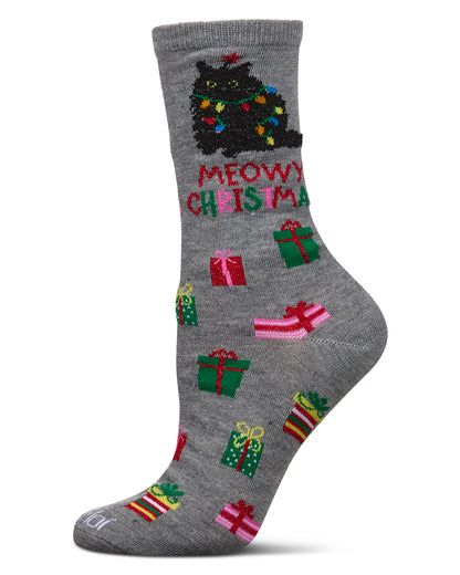 Women's Meowy Christmas Holiday Crew Socks : Color: Med Gray Heather
