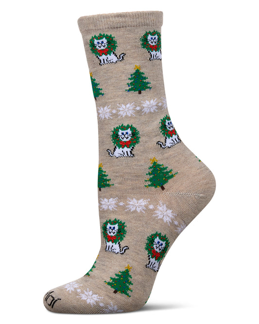 Women's Fair Isle Cat Holiday Crew Socks : Color: Oatmeal Heather