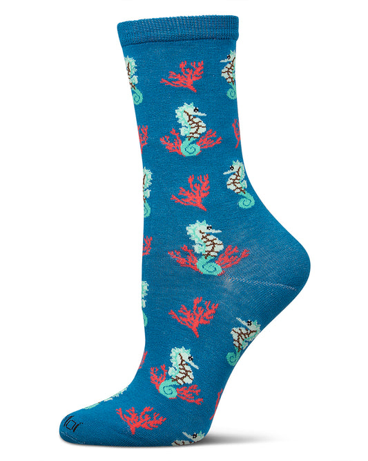 Women's Seahorses Rayon from Bamboo Crew Socks : Color: Celestial