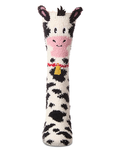 Women's Plush Cow-Themed Embellished Crew-Length Lounge Sock : Color: Black-White