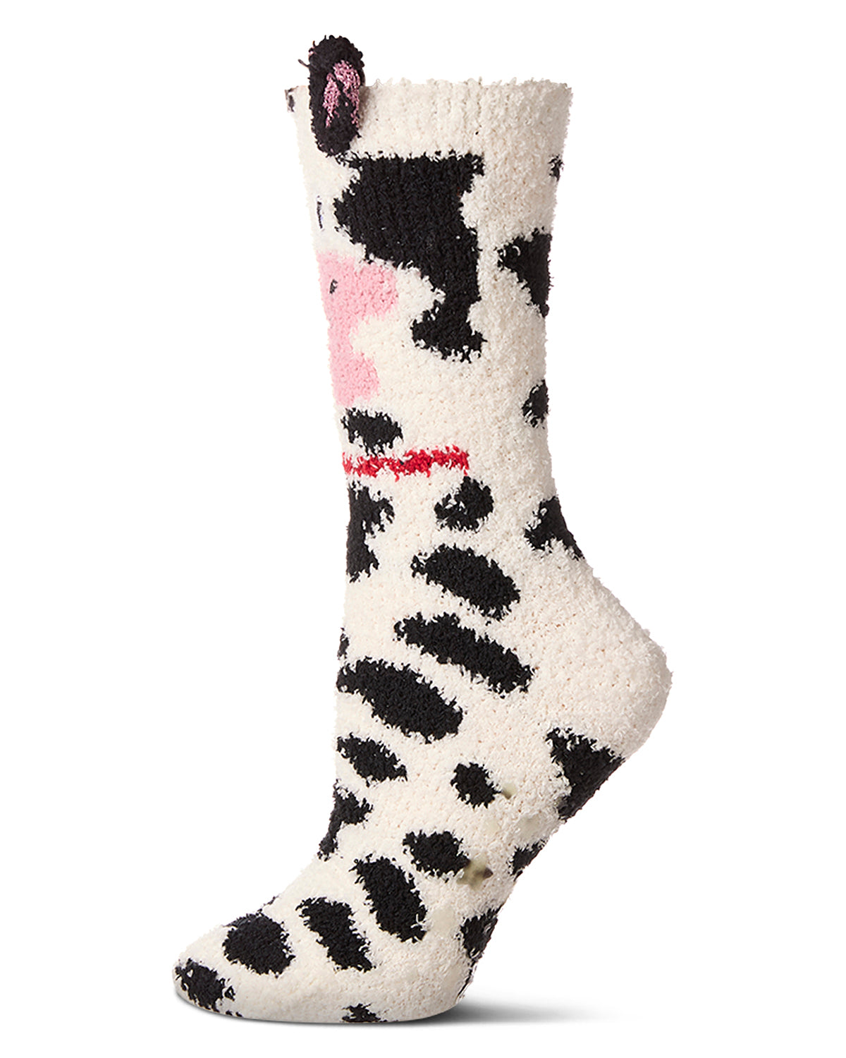 Women's Plush Cow-Themed Embellished Crew-Length Lounge Sock : Color: Black-White