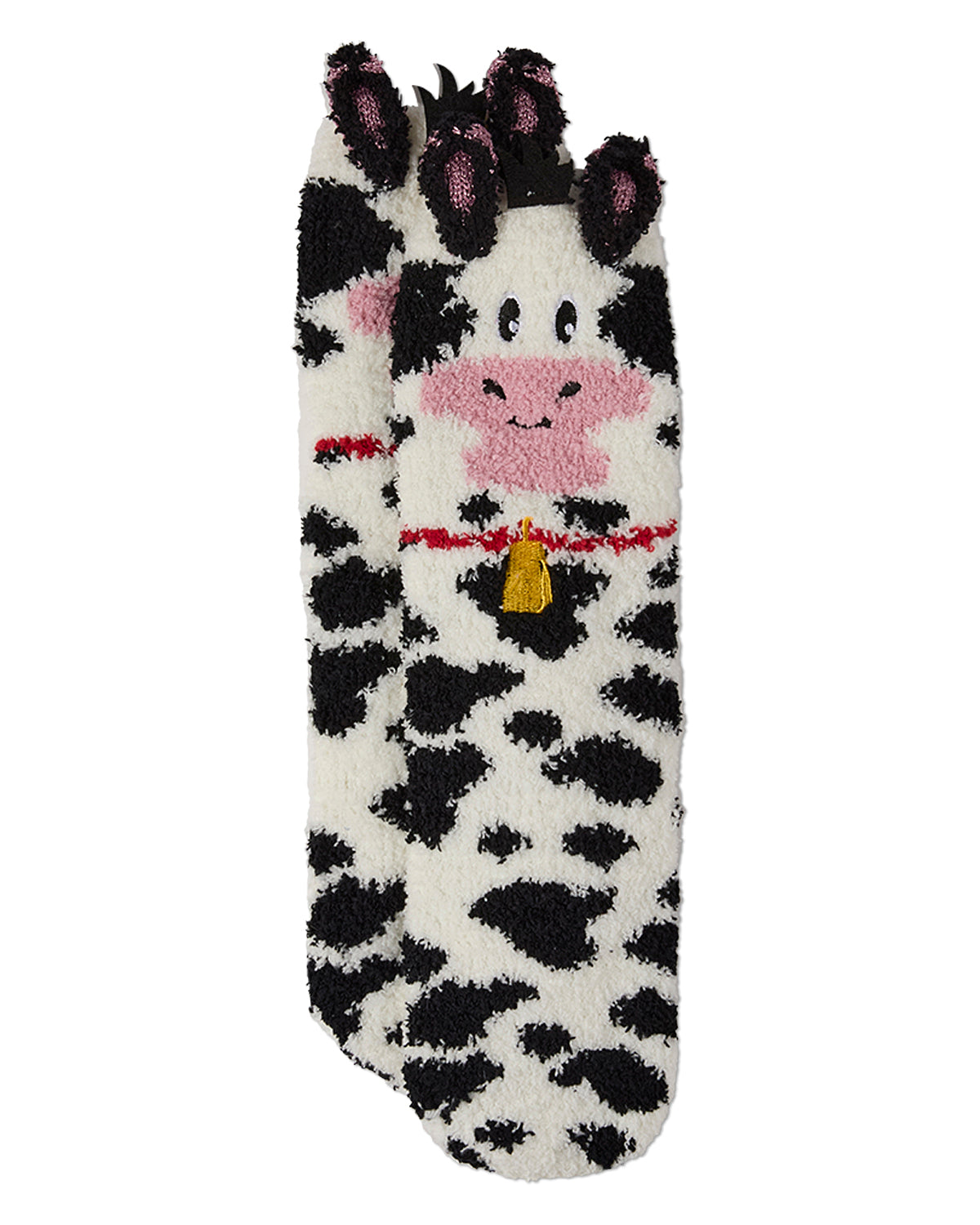 Women's Plush Cow-Themed Embellished Crew-Length Lounge Sock : Color: Black-White