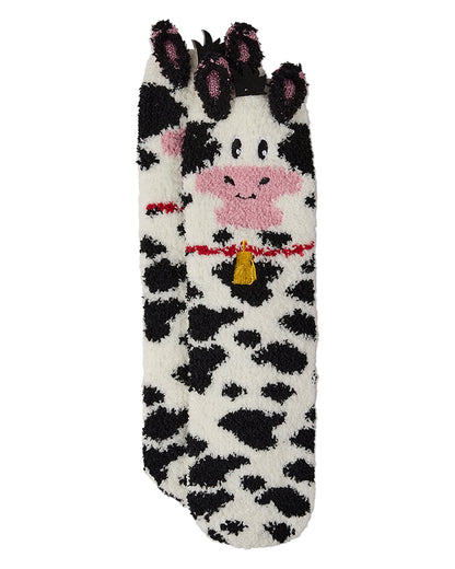 Women's Plush Cow-Themed Embellished Crew-Length Lounge Sock : Color: Black-White