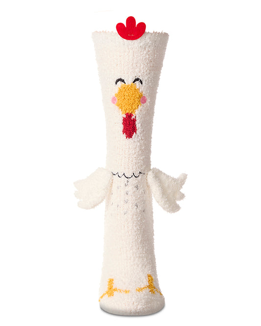 Women's Plush Chicken-Themed Embellished Crew-Length Lounge Sock : Color: White