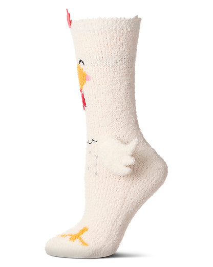 Women's Plush Chicken-Themed Embellished Crew-Length Lounge Sock : Color: White