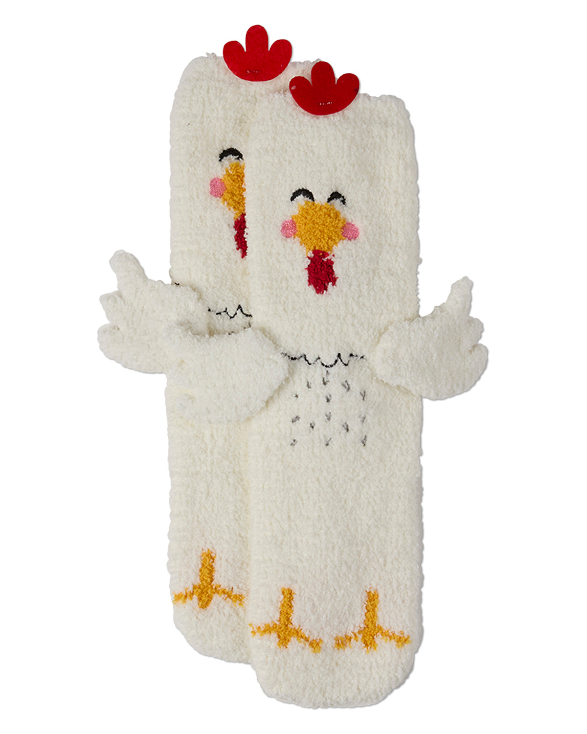 Women's Plush Chicken-Themed Embellished Crew-Length Lounge Sock : Color: White