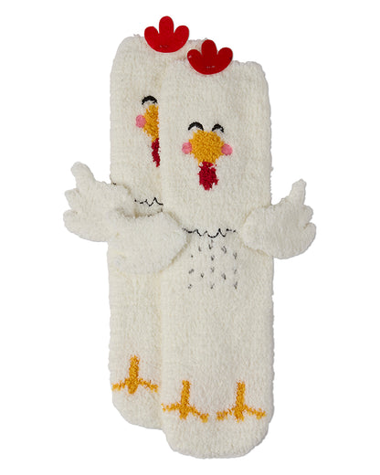 Women's Plush Chicken-Themed Embellished Crew-Length Lounge Sock : Color: White