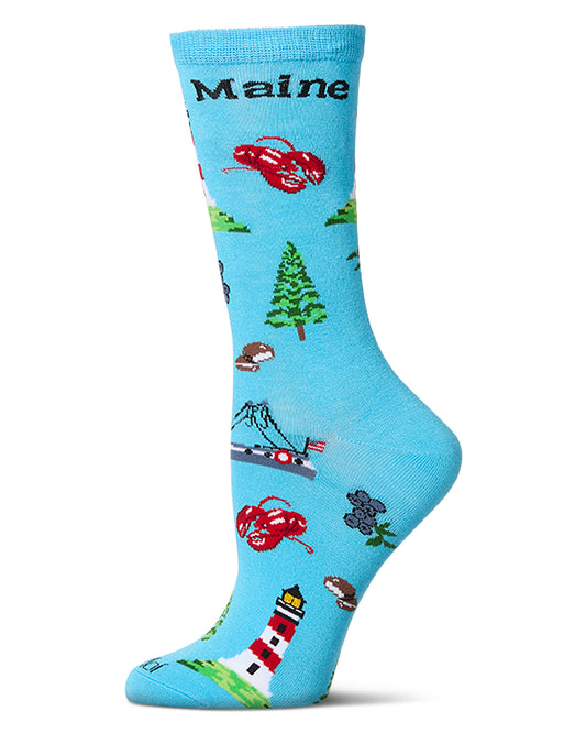 Women's Maine Themed Rayon Blend Novelty Crew Sock : Color: Blue Grotto