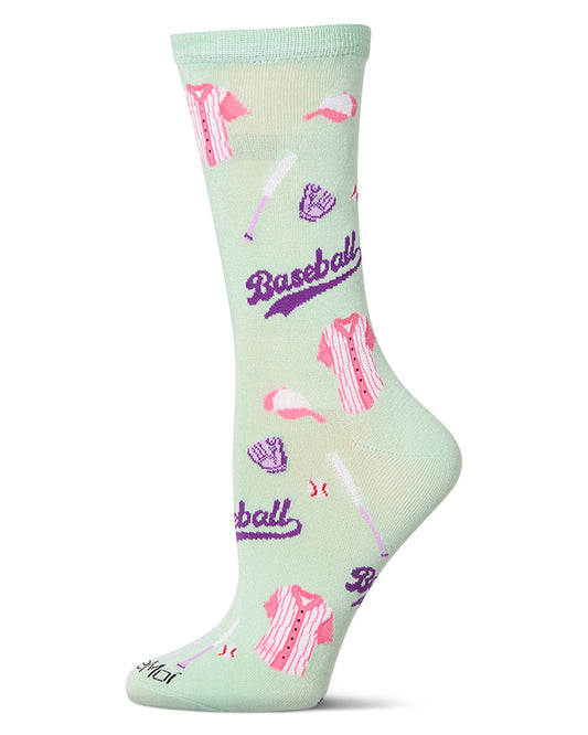 Women's "Ms. Baseball" Rayon Blend Novelty Crew Sock : Color: Mint