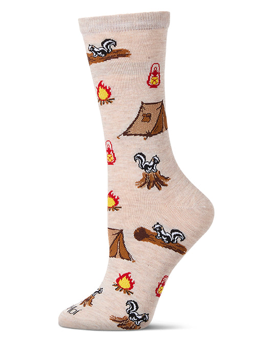 Women's "Stinky Campsite" Rayon Blend Novelty Crew Sock : Color: Ivory Heather