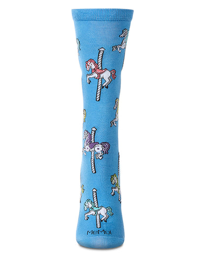 Women's Carousel-Themed Rayon Blend Novelty Crew Sock : Color: Crystal Seas