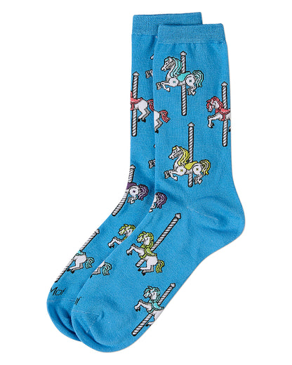 Women's Carousel-Themed Rayon Blend Novelty Crew Sock : Color: Crystal Seas