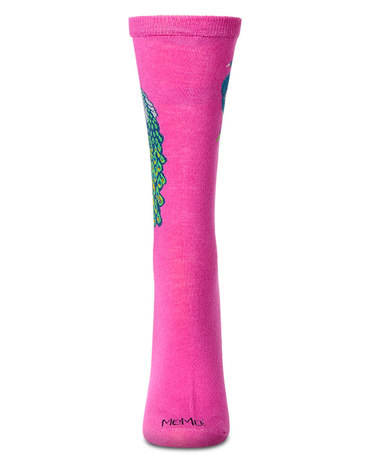 Women's Peacock-Themed Rayon Blend Novelty Crew Sock : Color: Fuchsia