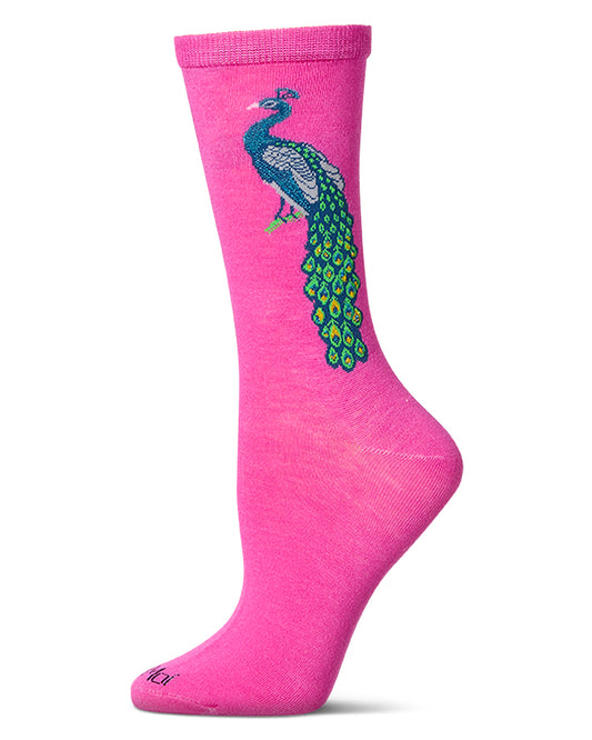 Women's Peacock-Themed Rayon Blend Novelty Crew Sock : Color: Fuchsia