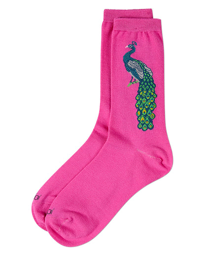 Women's Peacock-Themed Rayon Blend Novelty Crew Sock : Color: Fuchsia