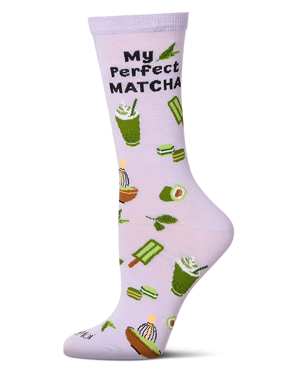Women's "My Perfect Matcha" Rayon Blend Novelty Crew Sock : Color: Lavender