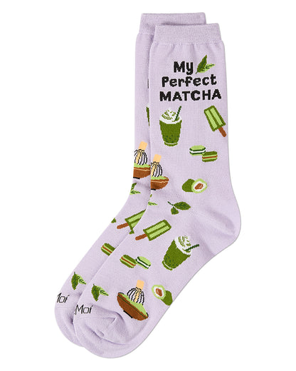 Women's "My Perfect Matcha" Rayon Blend Novelty Crew Sock : Color: Lavender