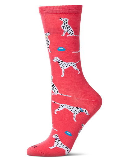 Women's Dalmatian Themed Rayon Blend Novelty Crew Sock : Color: Teaberry