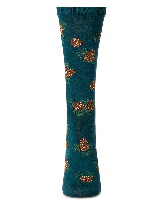 Women's Pinecones Themed Rayon Blend Novelty Crew Sock : Color: Dark Spruce