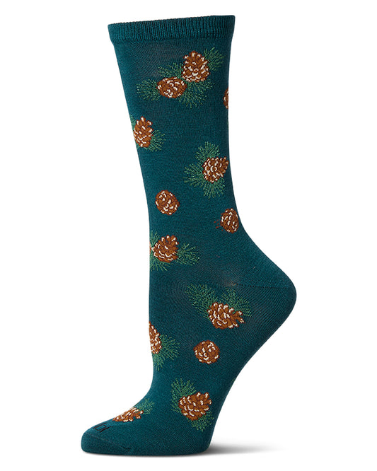 Women's Pinecones Themed Rayon Blend Novelty Crew Sock : Color: Dark Spruce