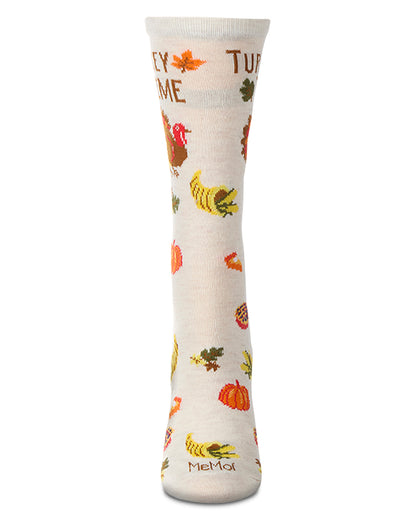 Women's "Turkey Time" Rayon Blend Thanksgiving Holiday Crew Sock : Color: Ivory Heather