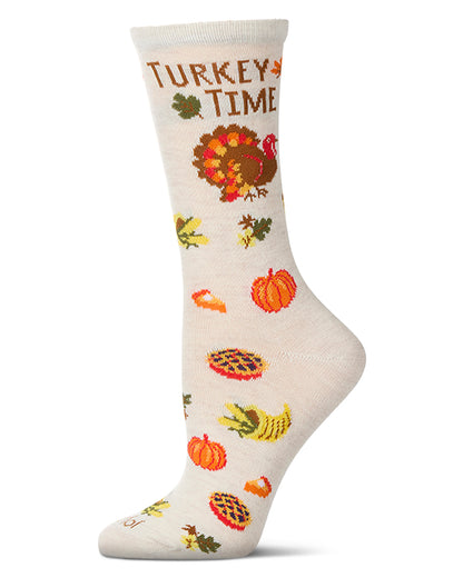 Women's "Turkey Time" Rayon Blend Thanksgiving Holiday Crew Sock : Color: Ivory Heather