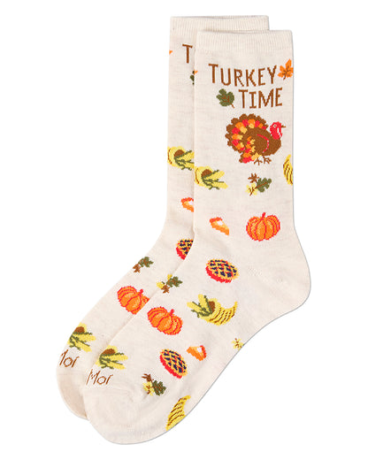 Women's "Turkey Time" Rayon Blend Thanksgiving Holiday Crew Sock : Color: Ivory Heather