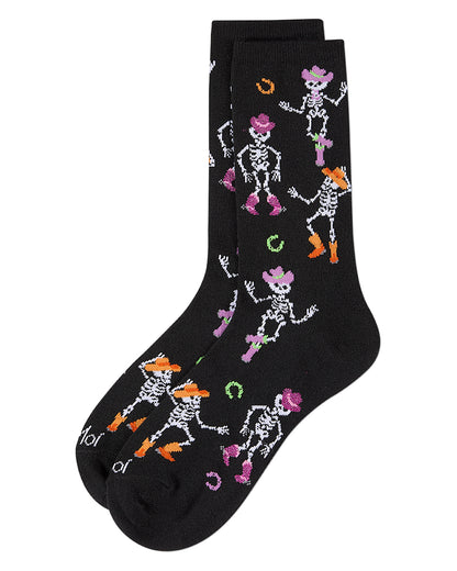 Women's "Howdy Skeletons" Halloween Holiday Novelty Crew Sock : Color: Black