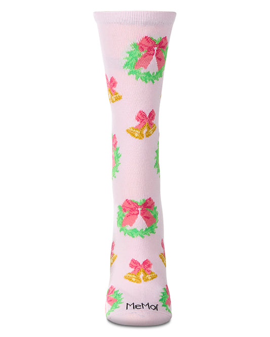 Women's "Bells N Bows" Christmas Holiday Novelty Crew Sock : Color: Powder Pink