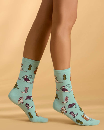 Women's "Rodeo Cats" Rayon-Blend Novelty Crew Sock