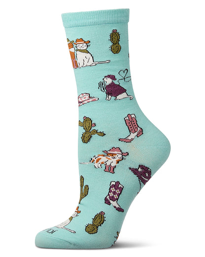 Women's "Rodeo Cats" Rayon-Blend Novelty Crew Sock