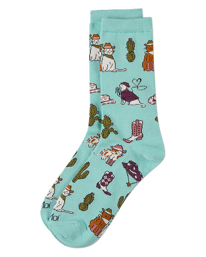 Women's "Rodeo Cats" Rayon-Blend Novelty Crew Sock